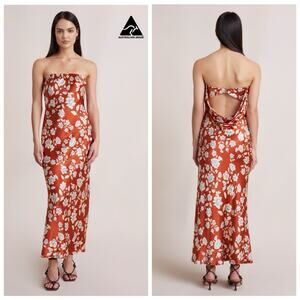 Bec + Bridge Blossom Strapless Satin Floral Cowl Back Maxi Dress Rust Red
